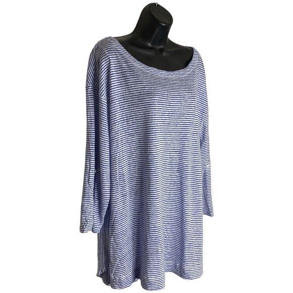 NWT Adrienne Vittadini Linen Top Womens 2X Roll Tab 3/4 Sleeve Striped Coastal - Picture 5 of 16
